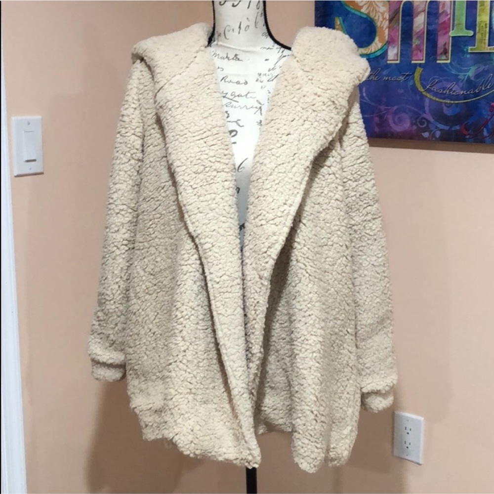 OVERSIZED faux fur lining jacket OATMEAL- hoodie - Picture 5 of 6